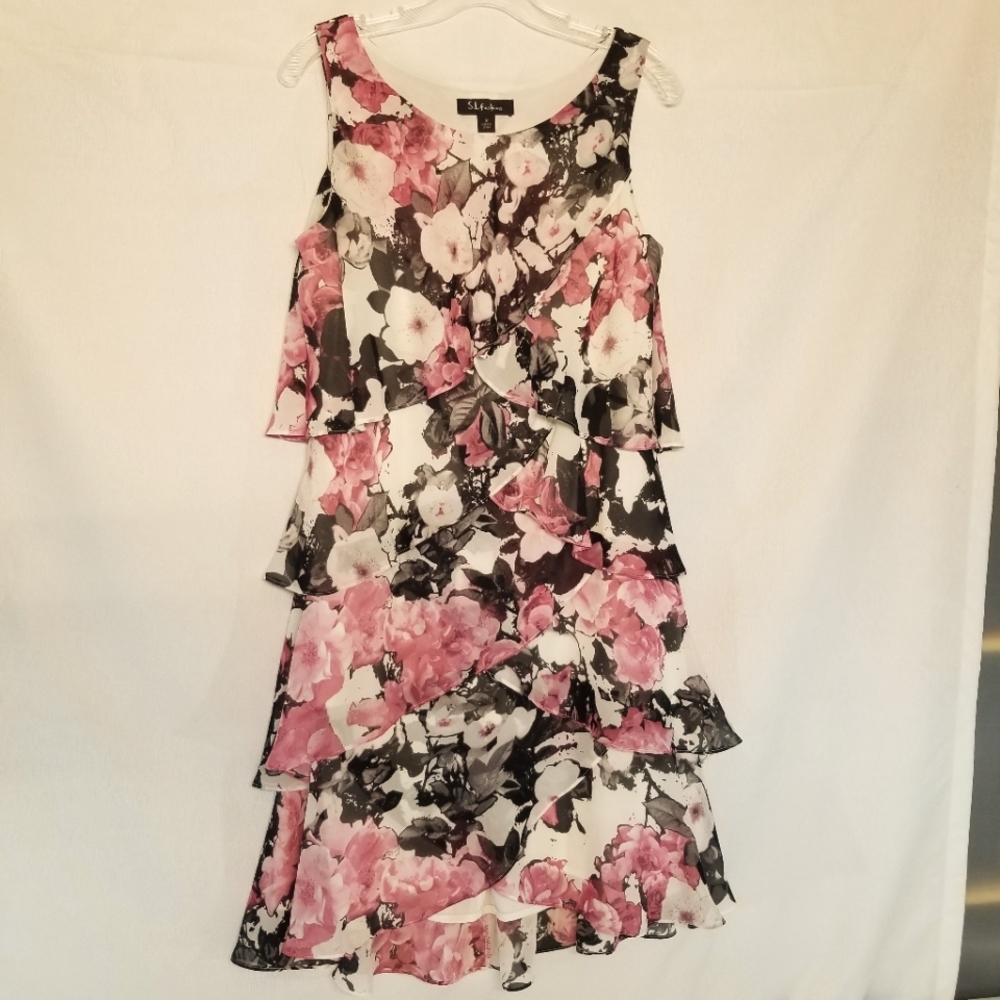 S.L. Fashions Womans Dress Size 10 Sleeveless Scoop Neck Midi Pink Black